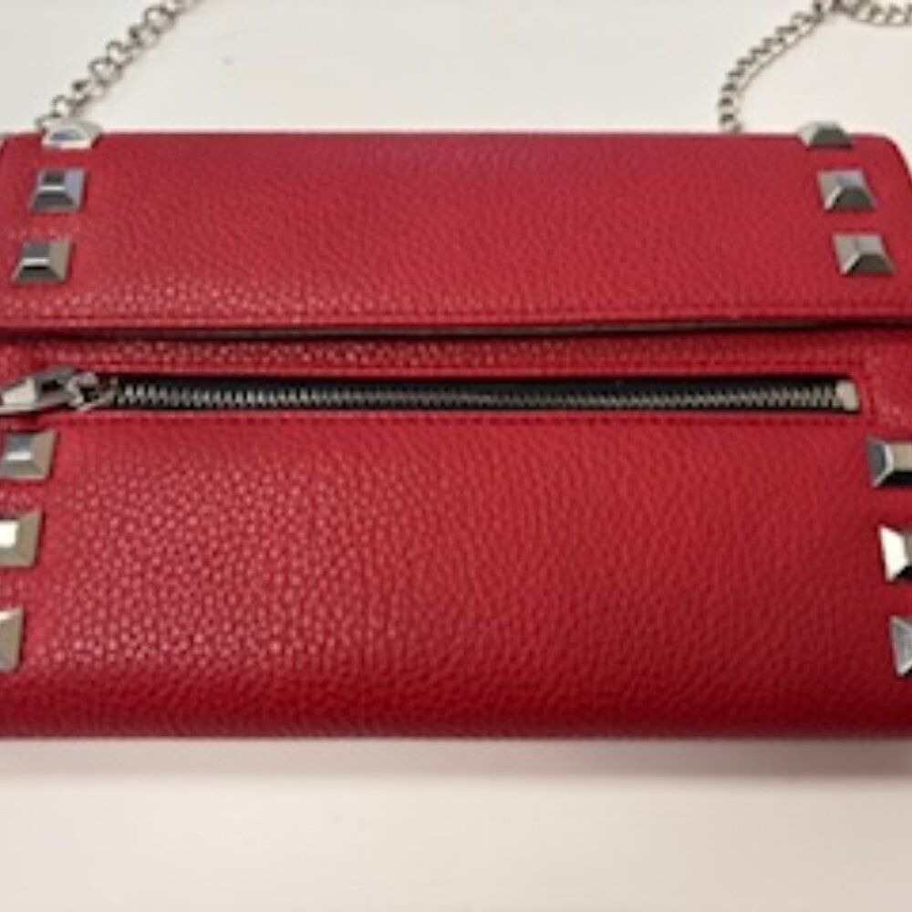 JUSTFAB RED FAUX LEATHER BAG W/SQUARE STUDS DETAIL